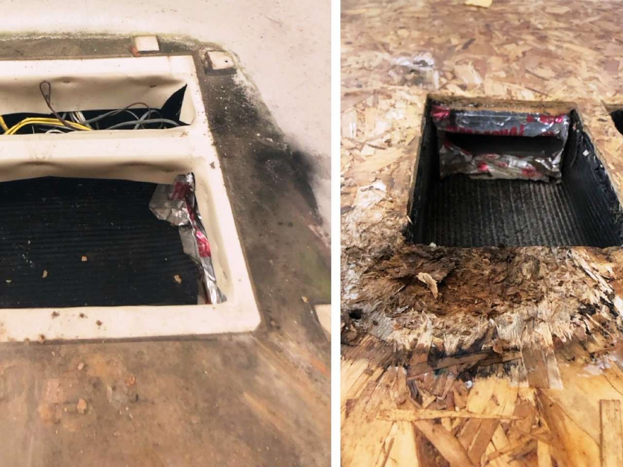 photo of rv roof moisture and mold under membrane wood damage