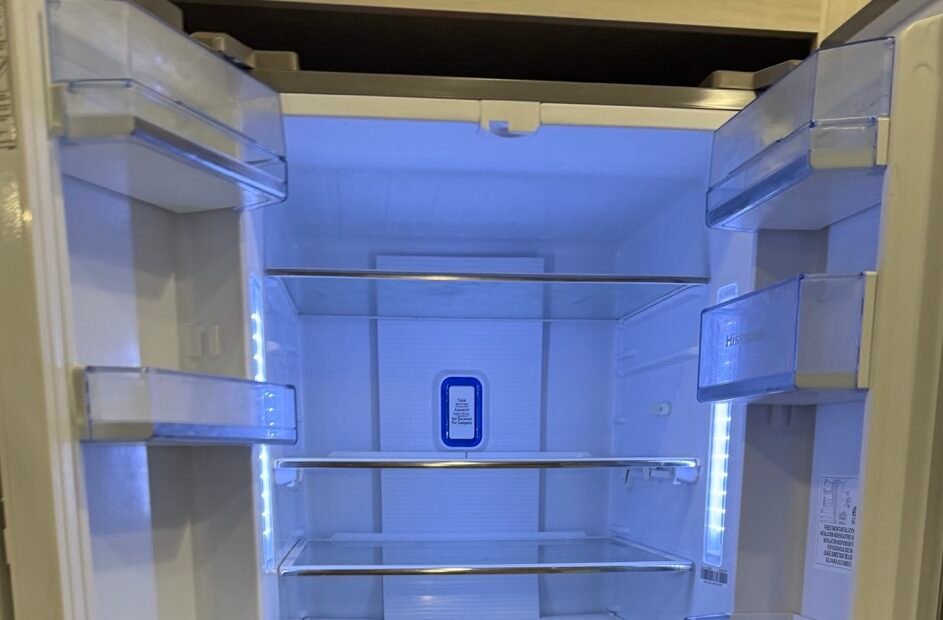 Photo of an open rv fridge